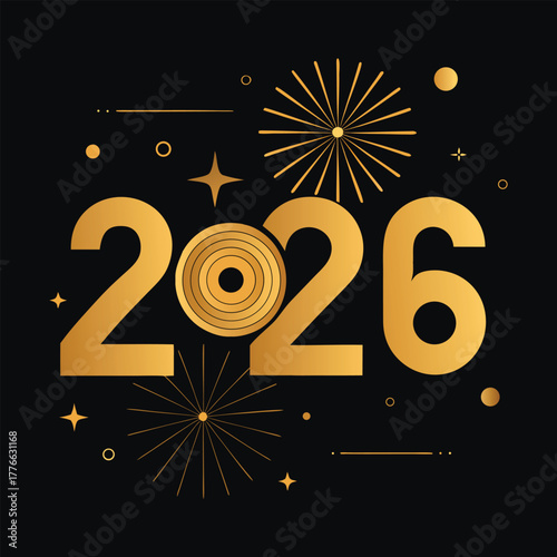 Elegant Black and Gold New Year 2026 Celebration Design with Fireworks and Modern Typography