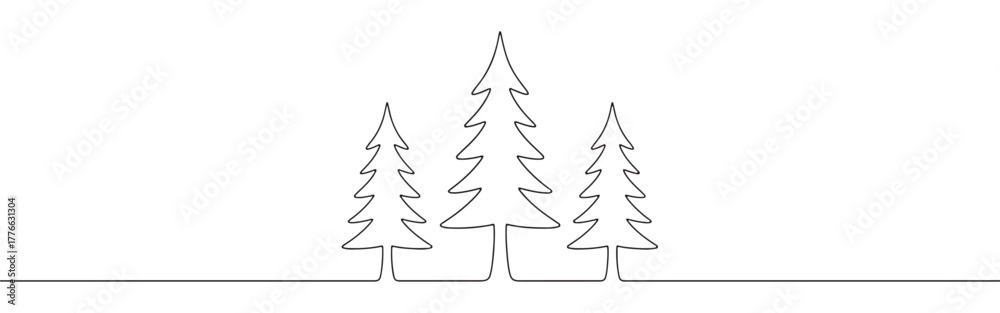Obraz premium A continuous line art depiction of three pine trees of varying heights, representing a forest or natural woodland scene, isolated on a white background.