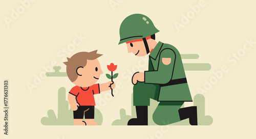 A young boy offers a red flower to a kneeling soldier, symbolizing gratitude and respect.