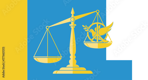 Golden scales of justice with a peace symbol and dove, symbolizing the importance of peace and diplomacy.