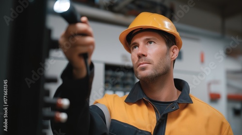 A workplace safety officer conducting a compliance audit of fire safety elements, emphasizing responsibility, documentation, and regulatory adherence. cinematic color correction, gentle backlight,