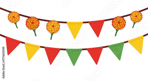 Colorful festive bunting with flags and marigold flowers on a string.