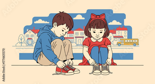 A young boy and girl sit side-by-side on a curb, focused on learning how to tie their shoelaces in a city.