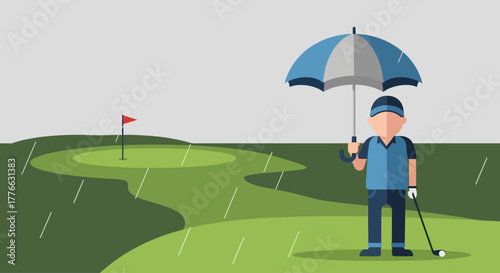 A flat vector illustration of a golfer holding an umbrella on a rainy golf course with a green and flagstick.