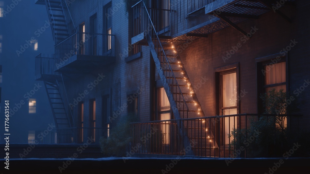 Obraz premium A nighttime exterior view of an illuminated fire escape ladder on a residential building, symbolizing safety design, accessibility, and emergency response infrastructure. cinematic color