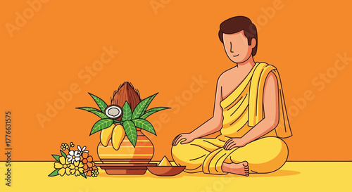 Illustration of a Hindu priest or Buddhist monk in yellow robes sitting beside a traditional Kalash for a puja ceremony.