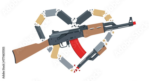 An AK-47 assault rifle is depicted with a heart shape made of ammunition clips behind it.