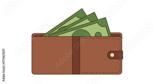 A brown leather wallet with several green banknotes peeking out from the top.