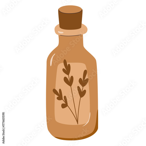 Brown glass bottle of essential oil with cork stopper and hand drawn floral label. Illustration for aromatherapy components, natural cosmetics, spa salon business cards.