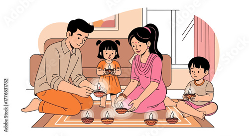A family of four, including parents and two children, are lighting diyas together indoors.
