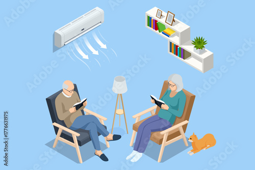 Isometric illustration of elderly couple reading under air conditioner at home. Concept of comfort, health, and climate control for seniors.