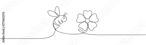 A continuous line art depiction of a busy bee flying towards a blooming flower, illustrating the natural process of pollination and ecosystem, isolated on a white background.	