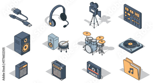 Isometric music and audio equipment set with recording studio essentials