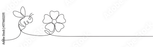 A continuous line art depiction of a busy bee flying towards a blooming flower, illustrating the natural process of pollination and ecosystem, isolated on a white background.	
