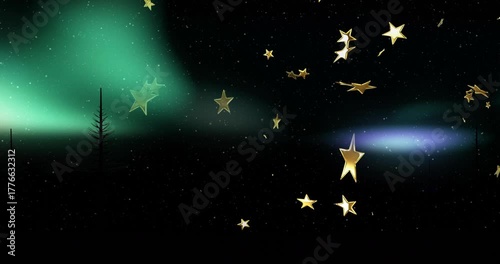 Shifting green purple aurora driving golden stars drifting, swirling, rotating near pine tree