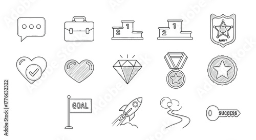 Hand drawn business icons collection featuring awards, symbols, and success elements