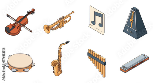 Isometric musical instrument collection with saxophone, violin, and trumpet