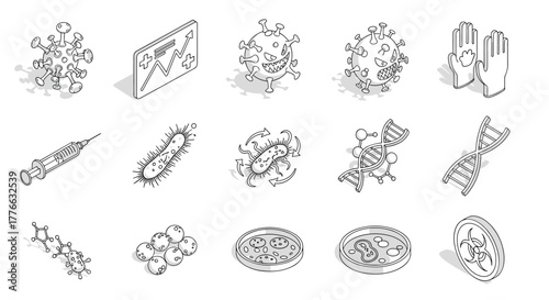 Handdrawn microbiology icons dna, bacteria, viruses, and lab tools in sketch style