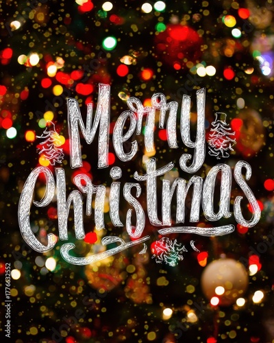 Merry Christmas Hand Lettering Chalk Style Text Overlay on Festive Bokeh Background of Colorful Christmas Tree Lights Dynamic Holiday Greeting Card