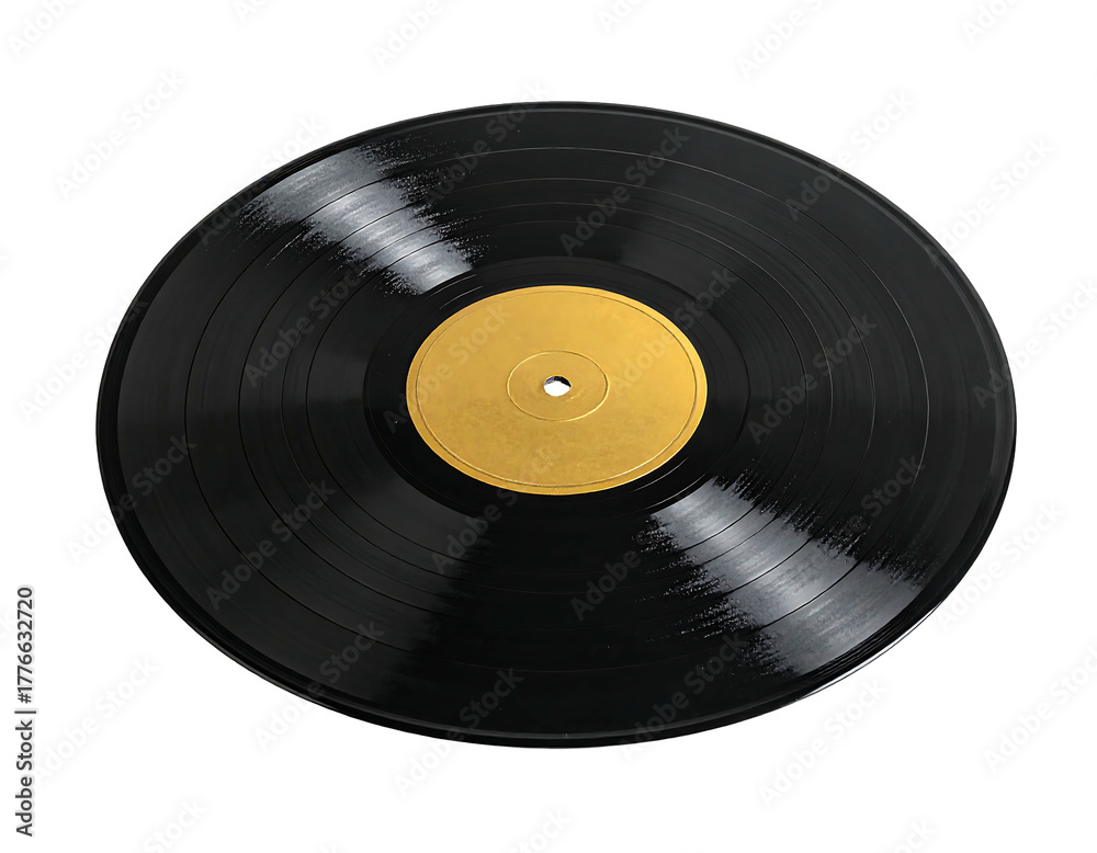 Obraz premium A close-up studio shot of a vinyl record. It has a black surface with circular grooves and a gold center label. It sits on a black background