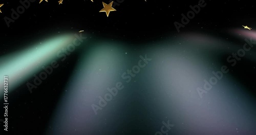 Colored lights rising, sparking gold stars falling, clustering then dispersing highlighting descent