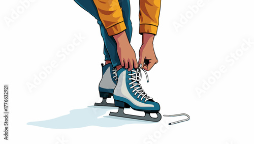Person tying skates close-up of adult hands tightening laces on ice skates winter activity concept