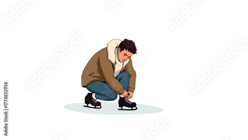Person tying skates young man in brown jacket on ice winter preparation concept