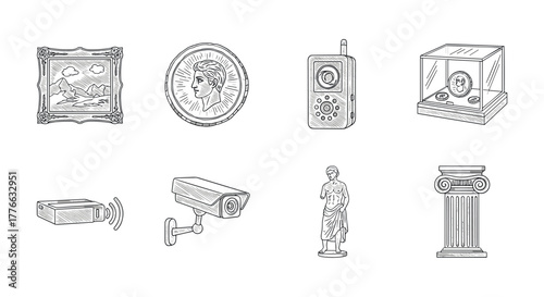 Handdrawn museum icons artifacts and security elements