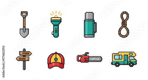 Pixel art camping equipment set with shovel, flashlight, and camper van
