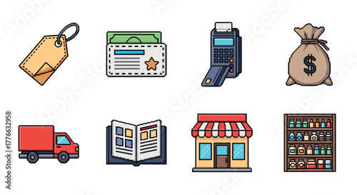 Colorful economic icons set featuring business, finance, and commerce elements