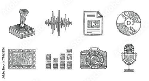 Retro media icons set handdrawn style for tech and entertainment themes