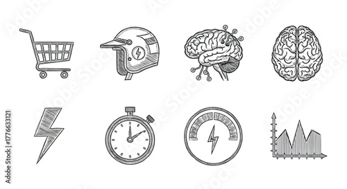 Handdrawn icons of shopping, technology, and science with sketch style