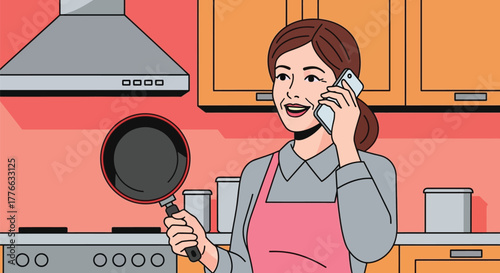 Woman cooking kitchen phone call apron pan smiling kitchenware