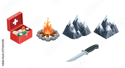 Isometric camping essentials first aid, campfire, mountains, knife
