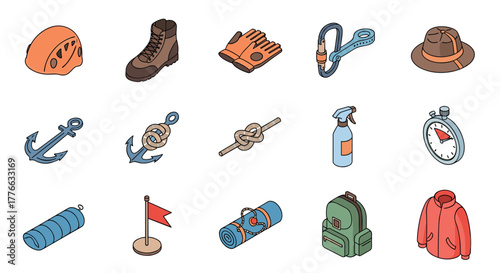 Isometric camping and hiking gear set with equipment essentials