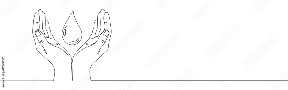 Obraz premium A continuous line art depiction of two hands tenderly cupping a large water droplet, representing water conservation, purity, and environmental care, isolated on a white background.