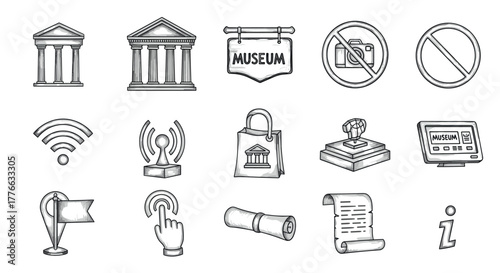 Monochrome museum icons set heritage, artifacts, and information symbols