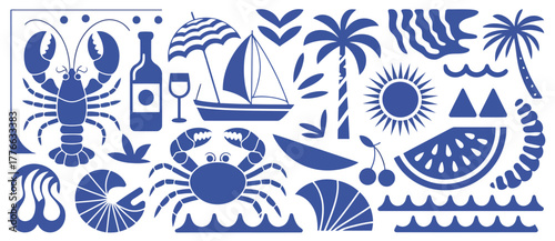 Blue summer vacation icons lobster crab sailboat sun watermelon palm trees and waves vector