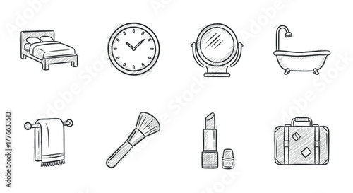 Sketch style home and personal care icons set for daily essentials