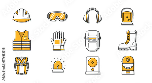 Linear safety equipment icons set for construction and industrial use