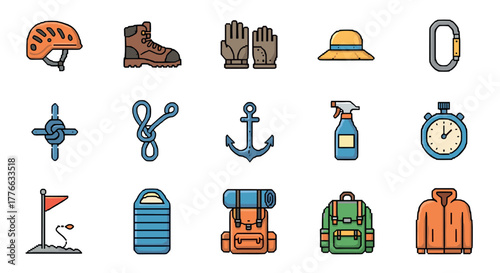 Pixel art outdoors gear collection adventure essentials in vibrant design