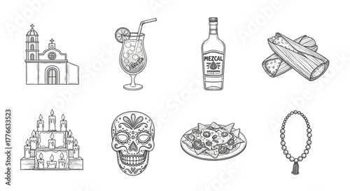 Mexican culture icons church, cocktail, mezcal, tamales, altar, sugar skull, nachos, rosary