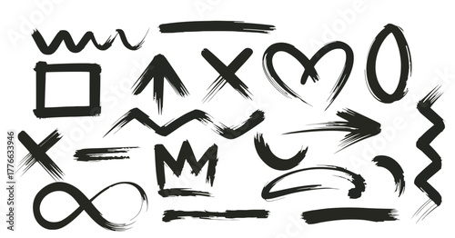 Collection of Black Hand Drawn Brush Stroke Symbols Including Arrows, Heart, and Infinity on White Background Keywords: brush stroke, hand