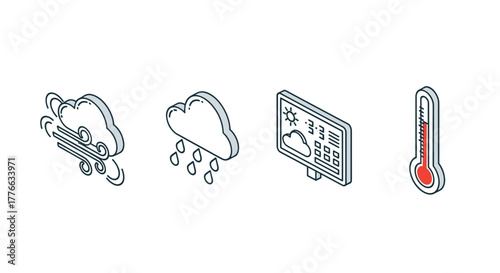 Isometric weather icons featuring wind, rain, forecast, and thermometer