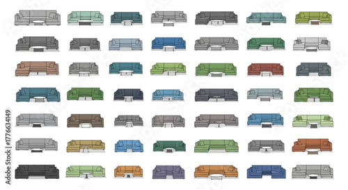 Various sectional sofas and coffee tables in different colors.