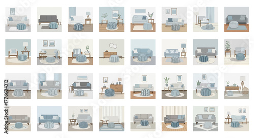 Various living room arrangements with sofas and poufs.