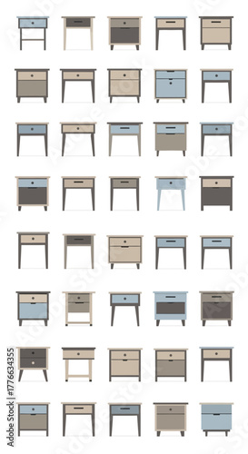 Collection of various bedside tables with drawers and legs.