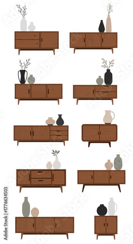 Wooden cabinets with decorative vases and branches.