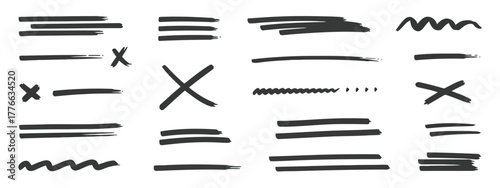 Collection of Hand Drawn Brush Stroke Lines and Marks on White Background Keywords: brush stroke, hand drawn, lines, marks, x mark, check mark