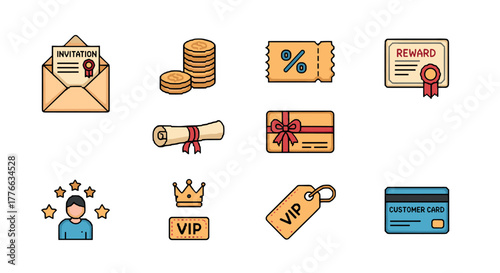 Gift and loyalty icons with rewards, discounts, and invitations in colorful flat style